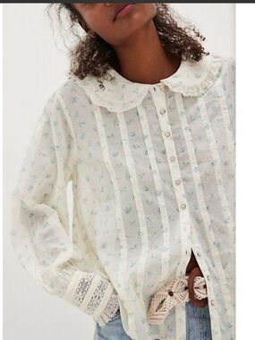 Free People Emmeline Button-Down Blouse Lace Trim L